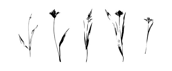 Fototapeta premium Hand drawn grunge black flowers set. Dirty decorative vector floral collection, isolated on white background. Modern ink expressive brush strokes graphic art