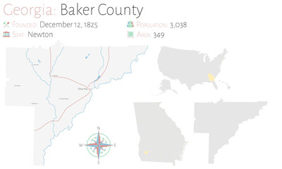 Large and detailed map of Baker county in Georgia, USA.
