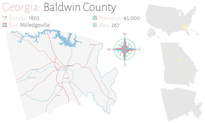Large and detailed map of Baldwin county in Georgia, USA.