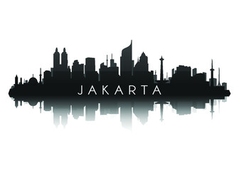 jakarta skyline silhouette in black with reflection
