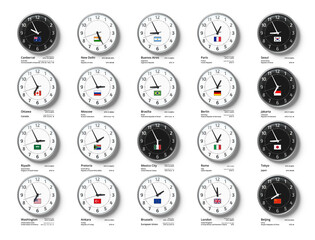 Naklejka premium G20 Time Zones. Wall clocks with flags and time of Group of Twenty countries, UTC time compare and time zone composition realistic 3D vector illustration