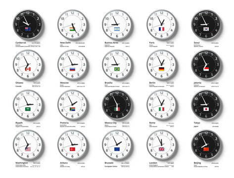 G20 Time Zones. Wall clocks with flags and time of Group of Twenty countries, UTC time compare and time zone composition realistic 3D vector illustration