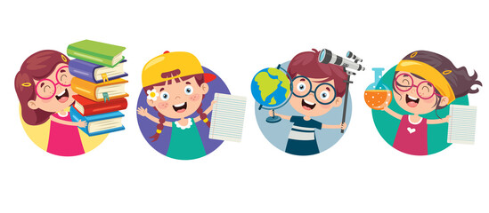 Happy Cute Cartoon School Children