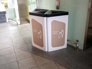 recycling bin at shopping mall, trash with icons of recycle