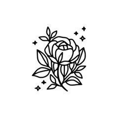 Hand drawn rose flower element. Floral line art for feminine logo, icon, business card, wedding invitation, or decoration