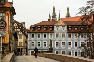 View on Old Town of Bamberg from bridge over the Regnitz River, Bamberg, Bavaria, Germany. November...