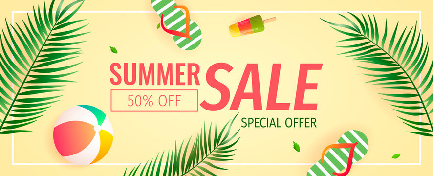 Summer sale promo banner with summer elements, tropical leaves, flip flops. Vector illustration for special offer, flyer, advertising, commercial, banner.