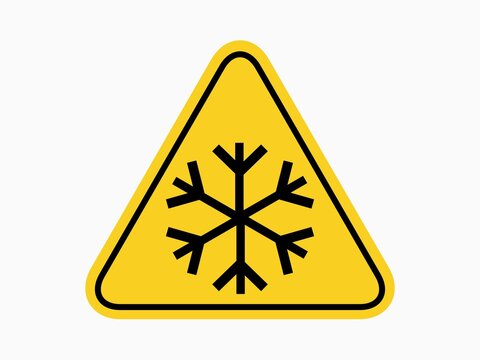 isolated warning frost hazards symbols on yellow round triangle board warning sign for icon, label, logo or transportation etc. flat style vector design.