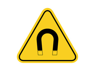 isolated  strong magnetic field, common hazards symbols on yellow round triangle board warning sign for icon, label, logo or package industry etc. flat vector design.