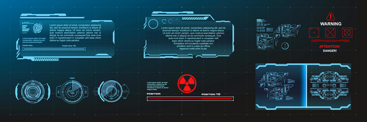 Futuristic user interface screen elements set HUD, GUI, UI. High-tech screen for video games with warning running frame. Future technologies. Vector background