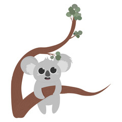 Cute little koala on a tree, eucalyptus leaves, lovely cube, adorable bear in cartoon style 