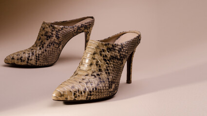 Women's high heeled ankle boot shoes made of Python Leather. Luxury leather shoes advertising backdrop.