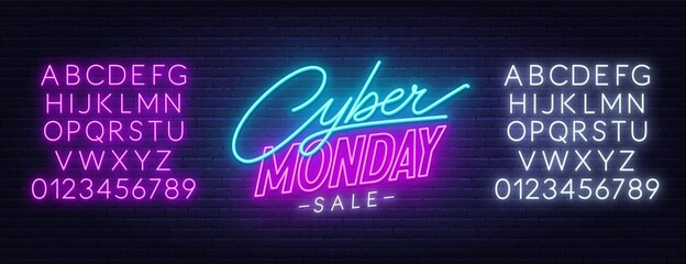 Cyber Monday sale neon sign. Neon alphabet on brick wall background. Template for a design. © TanyaFox