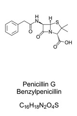 Benzylpenicillin, chemical structure and skeletal formula of penicillin G. Antibiotic used to treat a number of bacterial infections, given by injection into a vein or muscle. Illustration. Vector.