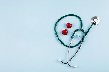 National Nurse Day Holiday Background. Medical stethoscope, two red hearts. - obrazy, fototapety, plakaty