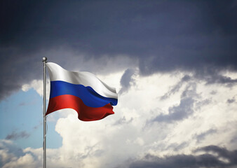 Flag of Russia on a stick, gloomy clouds in the background, 3D illustration