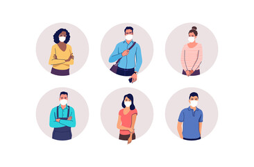 People in protective medical face masks. Men and women wearing protection from virus, urban air pollution, smog, vapor, pollutant gas emission. Vector illustration.
