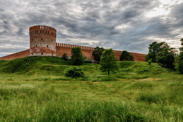 Old Fortress on a green hill. The fortress wall in Smolensk. Russia