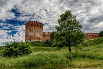 Old Fortress on a green hill. The fortress wall in Smolensk. Russia