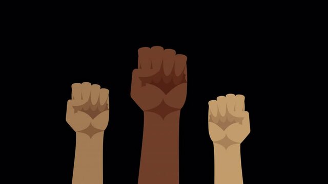 raised clenched fist hand. black lives matter. People protest and fight for their rights. Concept of revolution. symbol of victory, strength, power and solidarity. 2d vector animation alpha channel