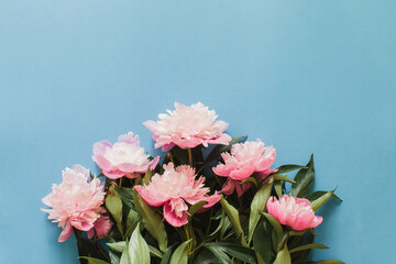 Bouquet of pink peonies on blue background. Top view, copy space. Flat lay summer flowers