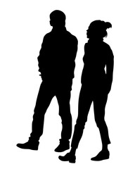 Young man and woman walking at street. Isolated silhouette on a white background