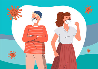 Young guy and girl wearing face medical masks protesting against world epidemic at the background of flying virus in the air. Stop spreading coronavirus. Cartoon characters at turquoise background
