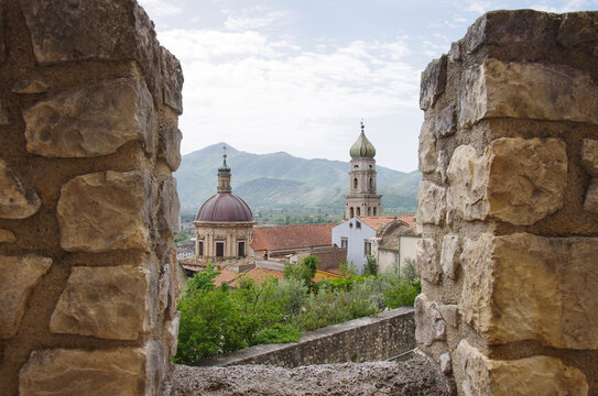 The dome and bell tower of the Annunziata Church of Venafro seen from the battlements of the Pandone Castle - Molise - Italy.