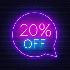 20 percent off neon sign on a dark background .