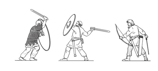Battle between Roman soldiers and Germanic warriors. Outline drawing.