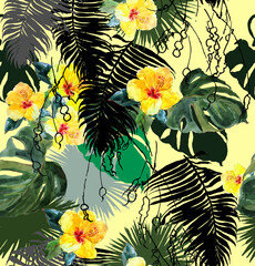 Seamless Pattern Watercolor Hand Painted Artwork Illustration Yellow Flowers with Palm Leaves in Tropics Jungle on Yellow Background