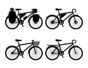 Silhouettes of bicycles. Touring bike with backpacks, Luggage bag, city bike with trunk, basket and disc brakes. Black and white vector illustration, isolated on a white background