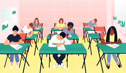 Students write a test exam in a beautiful classroom. Learning concept. Teenagers with different skin colors. Exam test. Test question. Flat vector cartoon illustration.