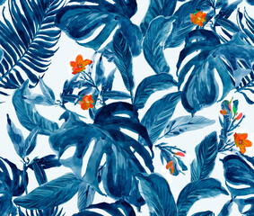 Seamless Pattern Watercolor Hand  Painted Artwork with Tropical Exotic Leaves and Flowers, Floral Jungle Print Many Palm  and Monstera Leaves in Blue with Orange Flowers
