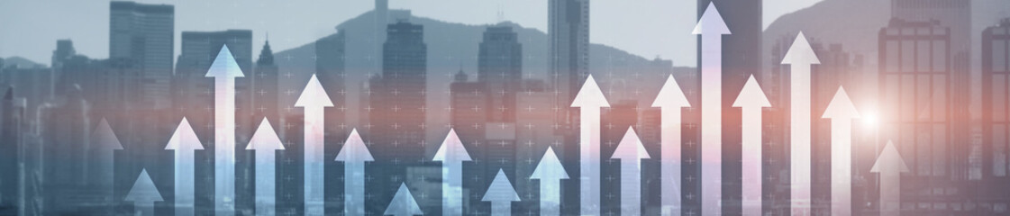 Financial growth concept. Up arrows on modern night city. Panoramic business background.