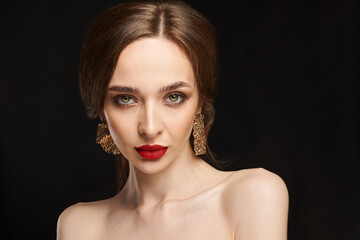 High Fashion Model Girl Portrait with Trendy Hair style and Makeup. Long Black Hairstyle, Black Hair and Red Matte Lipstick. Woman Makeup. Sexy Lips. Haircut