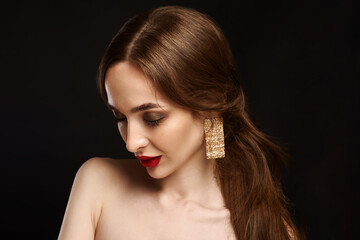 High Fashion Model Girl Portrait with Trendy Hair style and Makeup. Long Black Hairstyle, Black Hair and Red Matte Lipstick. Woman Makeup. Sexy Lips. Haircut