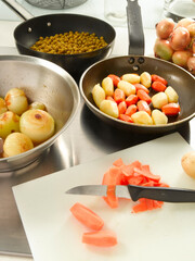 Verduras salteadas en sartén. Sauteed vegetables in frying pan.