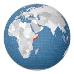 Globe centered to Somalia. Country highlighted with green color on world map. Satellite world projection. Charming vector illustration.