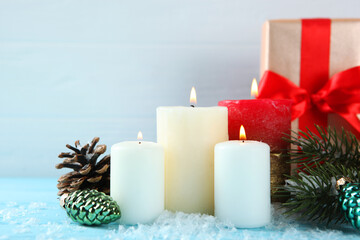 Festive Christmas background. Christmas decor on a colored background side view, place to insert text
