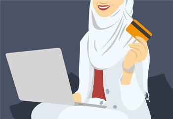 Smiling arabic woman in headscarf using laptop and credit card at home for shopping, paying for utilities online, buying clothes, free space