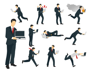 Businessman set with a laptop in office suit, tie and briefcase in various actions like running, nervous, euphoric, tired, jumping, winning, nervous, friendly, desperate, winning, relax and helpful. 