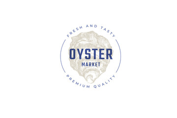 Hand-drawn oyster shell vector illustration. Logo template for fish shop menu or seafood market. Emblem of delicacy in the engraving style on a light background.