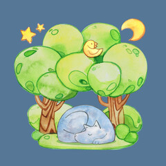 Forest wolf sleeps cute little theater trees oak bird night stars moon watercolor isolated illustration