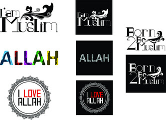 Set of Simple Vector Typography Islamic Design in Blue, Black, White, Red, Purple, Green and Yellow