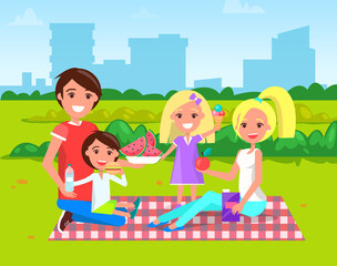 Fototapeta na wymiar Family have picnic on blanket in city park. Father playing with son and daughter eating ice cream. Mom hold juice in hand and give apple to children vector