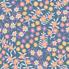 Fototapeta na wymiar Colorful blooming meadow seamless vector pattern small-scale floral ditsy background for fabric, wallpaper, stationery, scrapbooking projects or backgrounds.