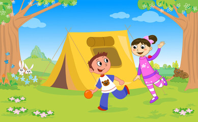Plakat Boy and girl playing at the camping vector illustration