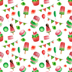 Watercolor seamless summer pattern on a white background. Seamless pattern with cake, ice cream, macaroon, paper flag, cupcake in watermelon style. 3 August International watermelon day decoration.
