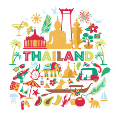 Asia Culture set of bruight icons - Bangkok Thailand Vector Illustration on white background. Tou